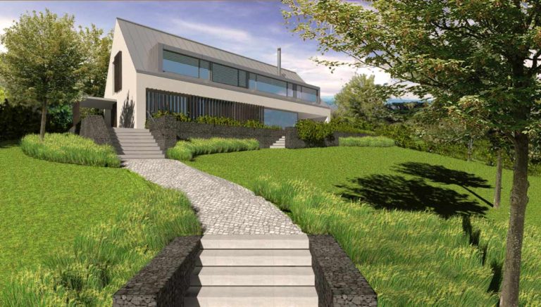 Studie rodinného domu v Chotyni u Hrádku nad Nisou od architekta Radomíra Grafka. Pohled od přístupové cesty.