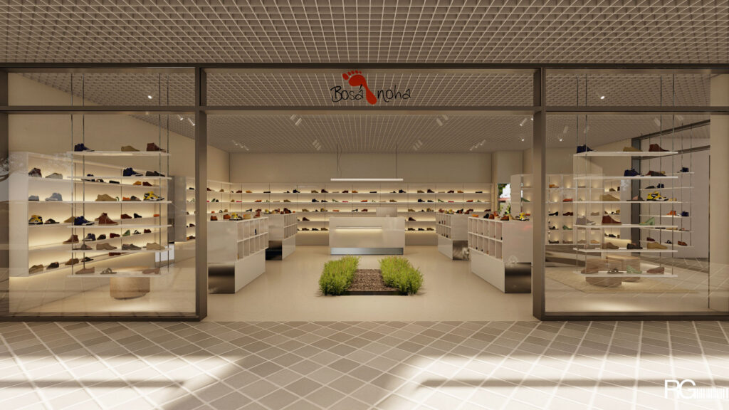 Návrh interiéru prodejny obuvi BAREFOOT Bosá noha, Liberec – architekt Radomír Grafek