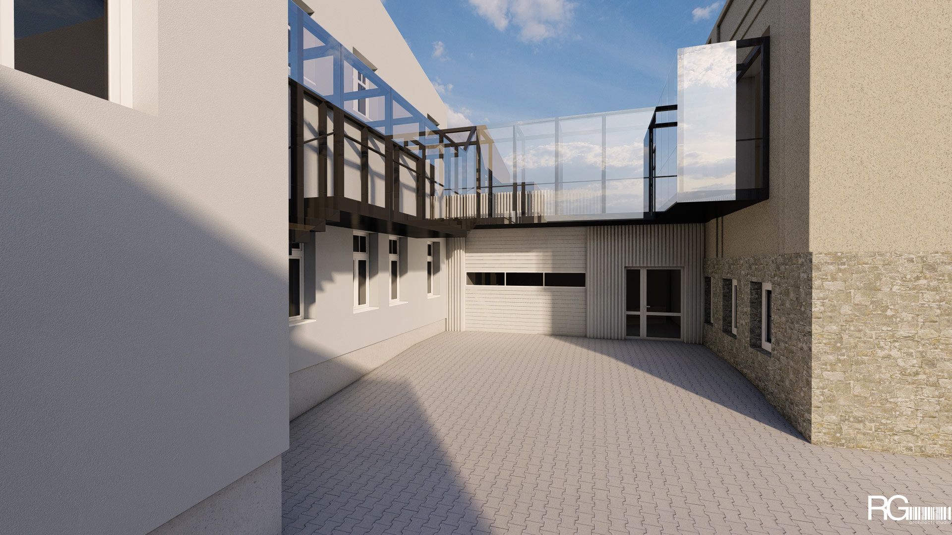 Návrh interiéru showroomu firmy SAMAT v Jiřetíně pod Jedlovou od RG architects studio (venkovní lávka)