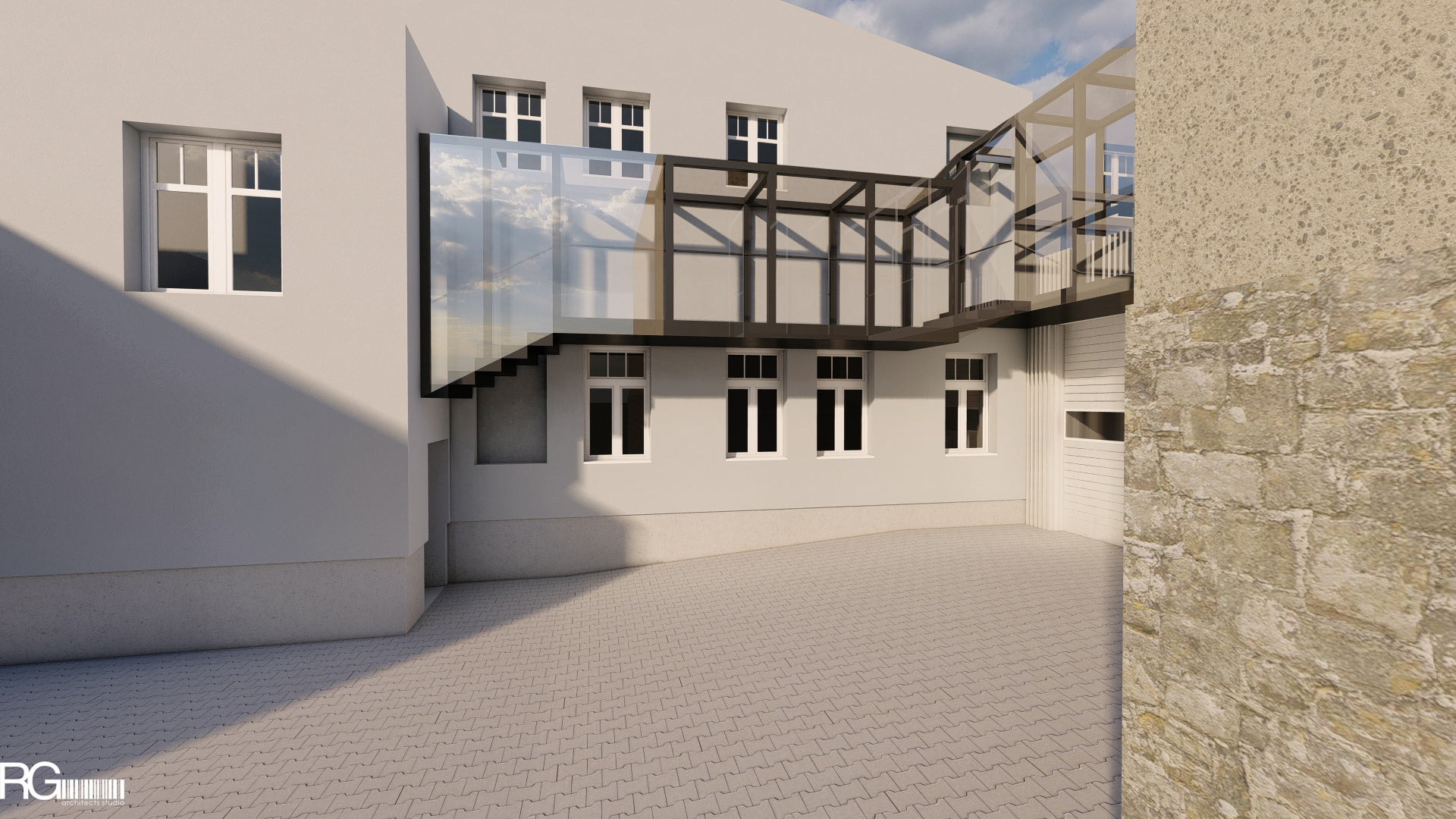 Návrh interiéru showroomu firmy SAMAT v Jiřetíně pod Jedlovou od RG architects studio (venkovní lávka) (xxxxx)