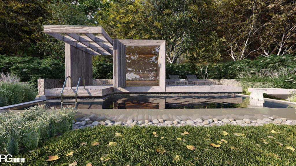 Venkovní sauna s bazénem u RD v Hodkovicích nad Mohelkou – architekt Radomír Grafek