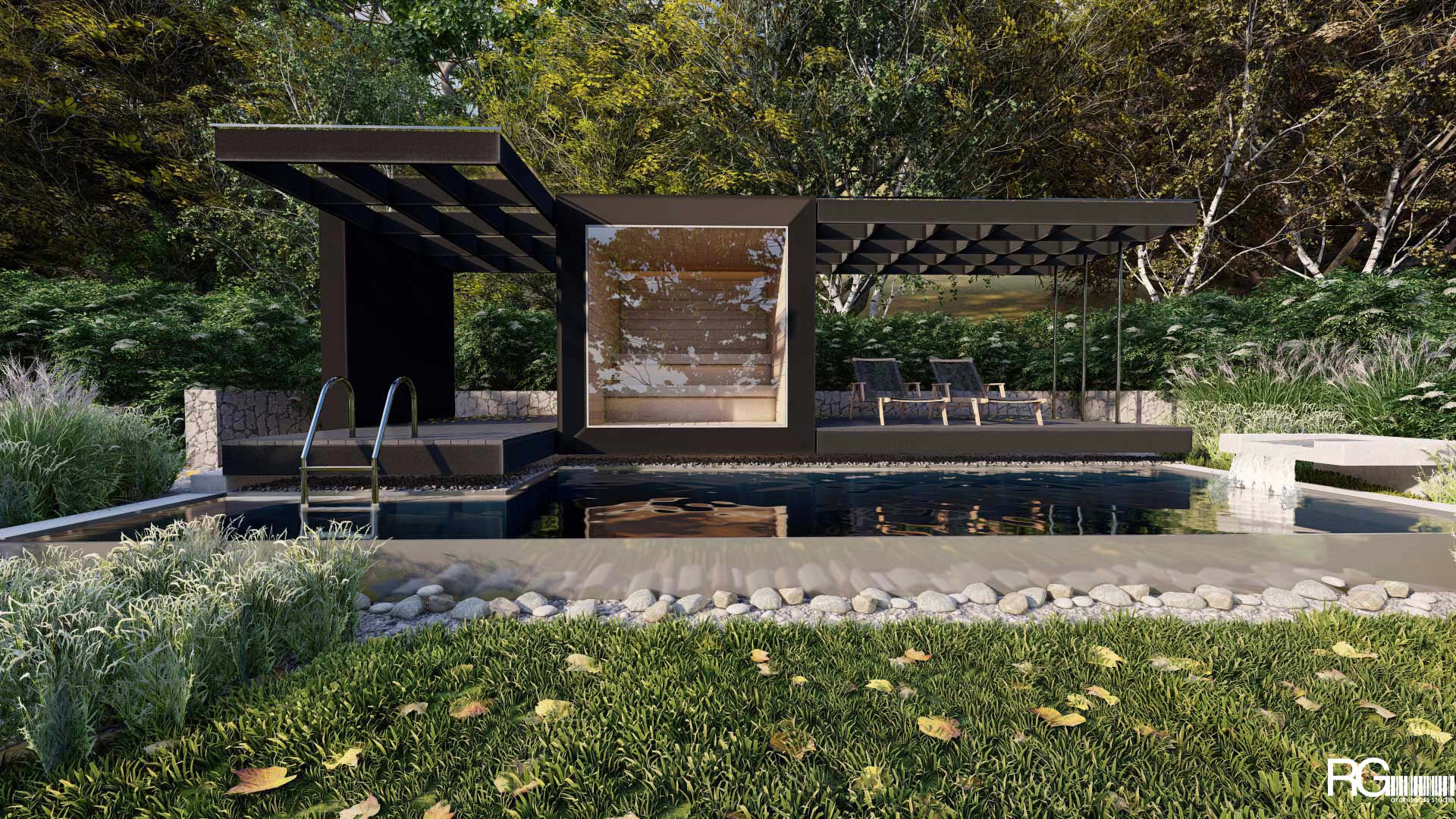 Venkovní sauna s bazénem u RD v Hodkovicích nad Mohelkou – architekt Radomír Grafek