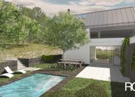 Finančně dostupný dům jednoduché architektonické formy, zapuštěná terasa s bazénem