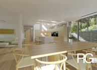 Studie rodinného domu v Chotyni u Hrádku nad Nisou od architekta Radomíra Grafka. Interiér – průhled domem z jídelní části.