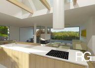 Studie rodinného domu v Chotyni u Hrádku nad Nisou od architekta Radomíra Grafka. Interiér – kuchyňská část.