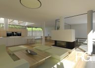 Studie rodinného domu v Chotyni u Hrádku nad Nisou od architekta Radomíra Grafka. Interiér – obývací část s krbem.