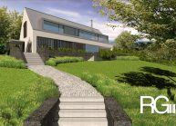 Studie rodinného domu v Chotyni u Hrádku nad Nisou od architekta Radomíra Grafka. Pohled od přístupové cesty.