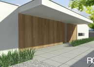 Jednoduchý minimalistický dům s plochou střechou, detail vstupu