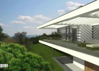Jednoduchý minimalistický dům s plochou střechou, detail terasy